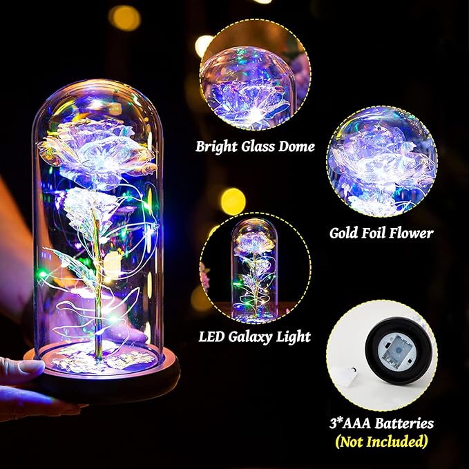 Beauty and the Beast Rose in Glass Dome LED Lights Crystal Rose Flowers Gift for Birthday Anniversary Valentine's Day Wedding Girlfriend Wife Women