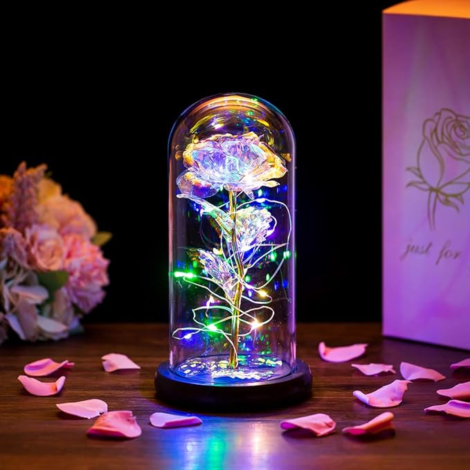 Beauty and the Beast Rose in Glass Dome LED Lights Crystal Rose Flowers Gift for Birthday Anniversary Valentine's Day Wedding Girlfriend Wife Women